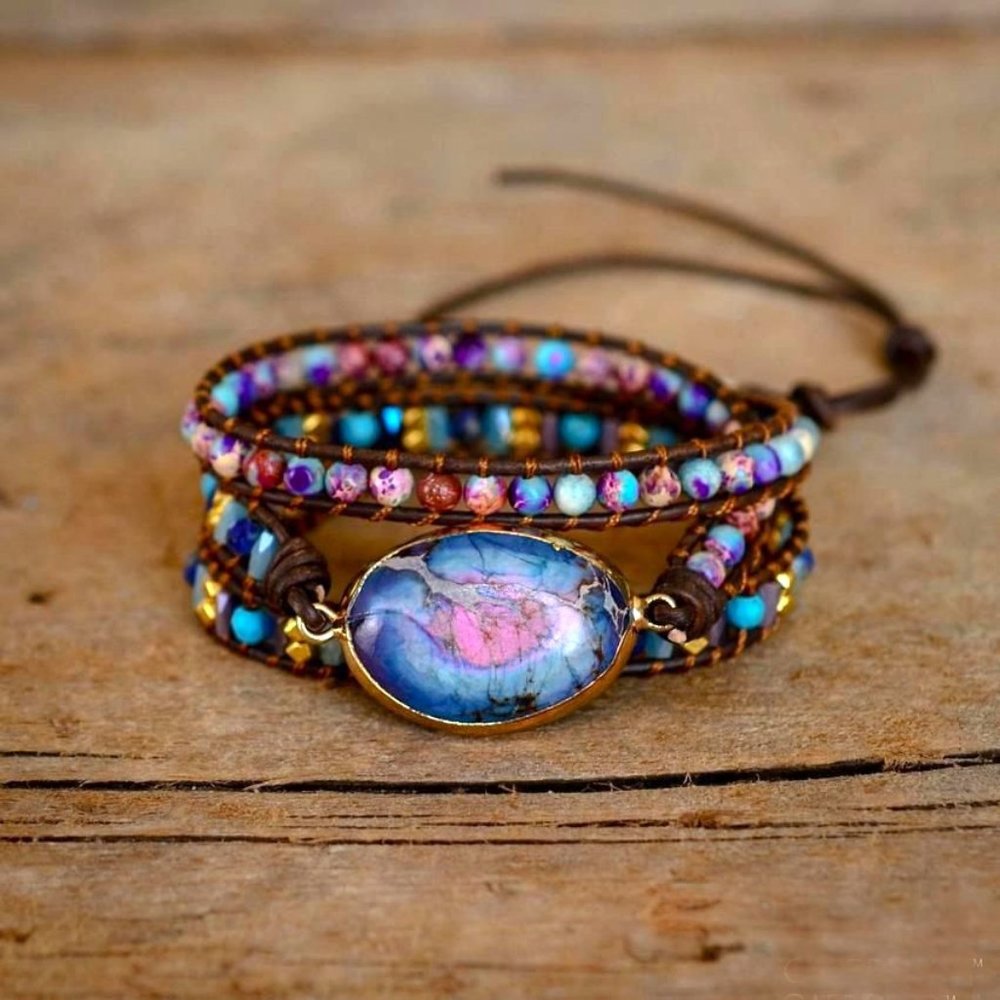 Galaxy Sea Sediment Jasper Stone Beaded Bracelet Gemstone Leather Wrap Bracelet